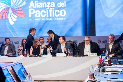 Minister for Trade, Tourism and Investment, the Hon Steven Ciobo MP, talking to Colombian Minister for Trade, Industry and Tourism,   María Claudia Lacouture, at the Plenary of the XII Pacific Alliance Summit in Cali, Colombia on 30 June 2017. Photo credi