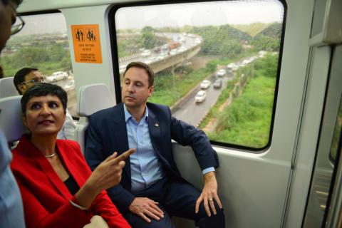 Minister for Trade, Tourism and Investment, the Hon Steven Ciobo MP, enjoying a ride on the Delhi Metro, 31 August 2017. With Her Excellency Ms Harinder Sidhu, High Commissioner to India.