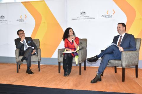 Minister of Economy, Ildefonso Guajardo Villarreal, Moderator and Trade Expert Beatriz Leycegui, and Minister Ciobo at 'The Future of Trade' breakfast