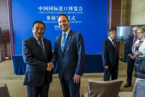 Federal Minister for Trade, Tourism & Investment Steven Ciobo after the the signing of the MOU with Mr Sun Chenghai (Chairman, CIIE Bureau) at the National Exhibition & Convention Centre in Shanghai, where an MOU was to formalise Australia's participation