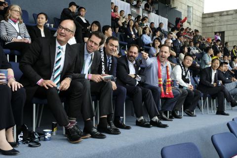 Federal Minister for Trade, Tourism & Investment Steven Ciobo at the AFL match in Shanghai with  Port Adelaide FC President David Koch (L), AFL CEO Gillon McLachlan, SA Premier Stephen Marshall and Victorian Minister for Trade & Investment Philip Dalidaki