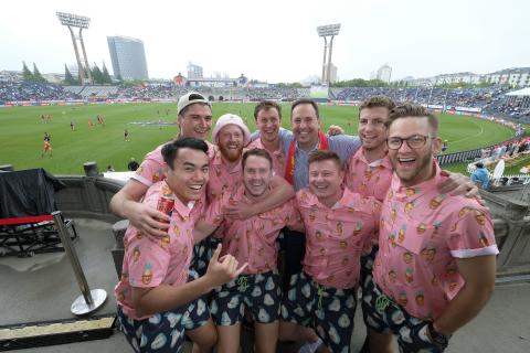 Federal Minister for Trade, Tourism & Investment Steven Ciobo at the AFL match in Shanghai with Port Adelaide fans Watsy's Warriors