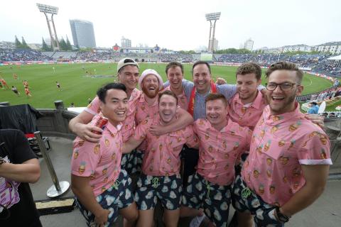 Federal Minister for Trade, Tourism & Investment Steven Ciobo at the AFL match in Shanghai with Port Adelaide fans Watsy's Warriors