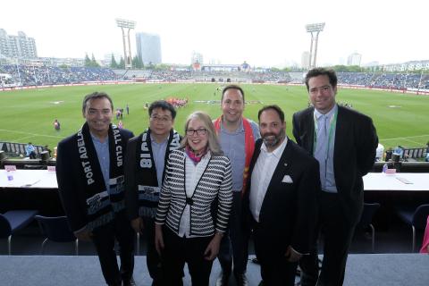 Federal Minister for Trade, Tourism & Investment Steven Ciobo at the AFL match in Shanghai with from left: SA Premier Stephen Marshall, Shanghai Vice Mayor Professor Chen Qun, Australian Ambassador to China Jan Adams, Victorian Minister for Trade and Inve