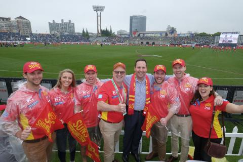 Federal Minister for Trade, Tourism & Investment Steven Ciobo at the AFL match in Shanghai with (left of minister) Gold Coast Suns Chairman Tony Cochrane and Suns fans from left: Kiel Sinclair, Giulia Badalotti, Darryl Dyson, Todd Matheson, Flynn McFarlan