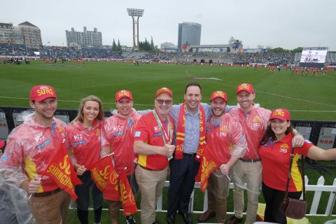 Federal Minister for Trade, Tourism & Investment Steven Ciobo at the AFL match in Shanghai with (left of minister) Gold Coast Suns Chairman Tony Cochrane and Suns fans from left: Kiel Sinclair, Giulia Badalotti, Darryl Dyson, Todd Matheson, Flynn McFarlan