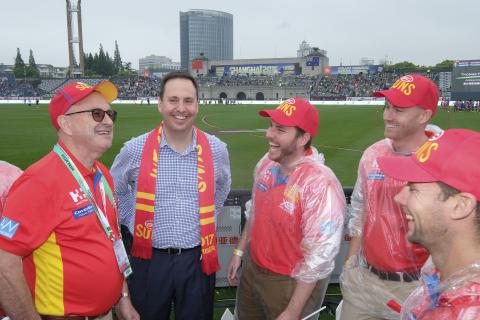 Federal Minister for Trade, Tourism & Investment Steven Ciobo at the AFL match in Shanghai with (L) Gold Coast Suns Chairman Tony Cochrane and Suns fans Todd Matheson, Flynn McFarlane                  Photo credit: DFAT/Chris Crerar(c)DFAT Australia / Hi