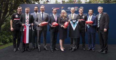 Federal Minister for Trade, Tourism & Investment Simon Birmingham (centre) with L to R - St Kilda FC playe Danile McKenzie, St Kilda FC CEO Matt Finnis, AFL China's David Stevenson, Tourism Australia MD John O'Sullivan, Australian Ambassador to China Jan 