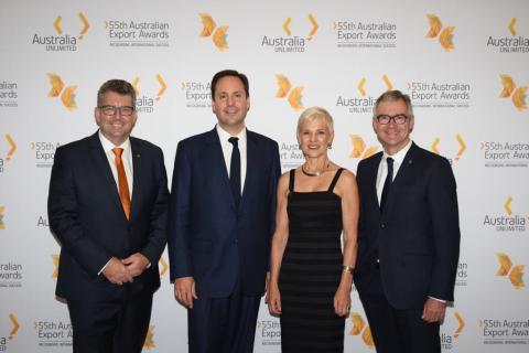 Assistant Minister Keith Pitt, Steven Ciobo, Austrade CEO Stephanie Fahey and ACCI CEO James Pearson