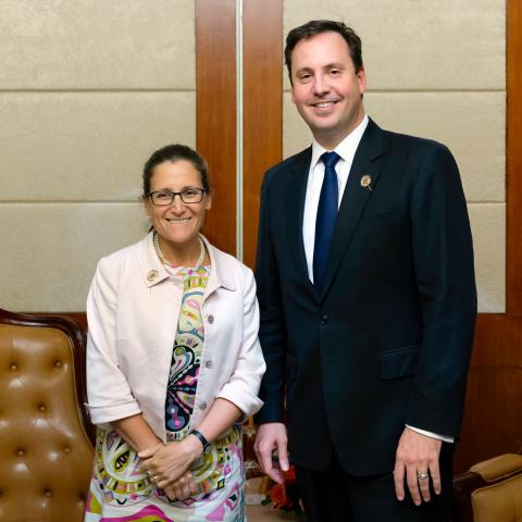 Minister for Trade, Tourism and Investment Steven Ciobo meets Ms Chrystia Freeland, Canada’s Minister of International Trade, ahead of the 4th East Asia Summit Economic Ministers’ Meeting in Vientiane, Laos. 4 August 2016. Photo credit: DFAT/Bart Verweij