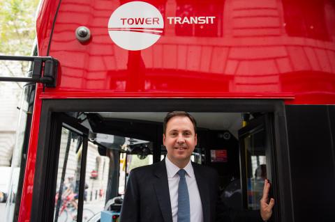 Minister for Trade, Tourism and Investment, Steven Ciobo, on one of Tower Transits’ iconic double decker buses in London. Tower Transit is an Australian-owned company.